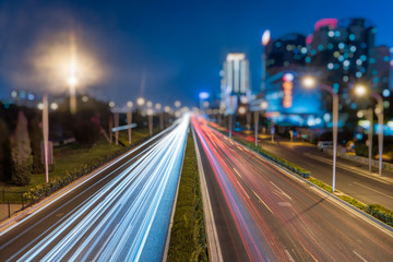 blurred traffic light trails on road in Beijing,China.