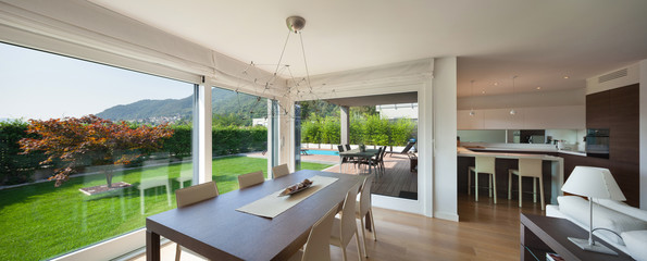 open space of luxury house, dining table - obrazy, fototapety, plakaty