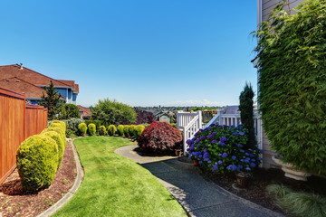 Fototapeta premium Perfect view of backyard with concrete walkway