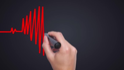 Businessman hand drawing chart heartbeat - Man Hand writing with marker on sky time lapse. Health concept. Heart in the clouds. Heart Beat in shape of heart. 4k - Powered by Adobe