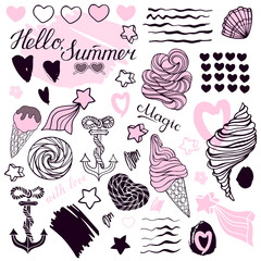 Hand drawn icons summer beach set on a white background.