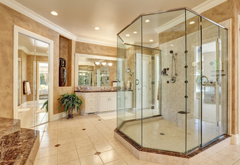 Beautiful luxury marble bathroom interior in beige color