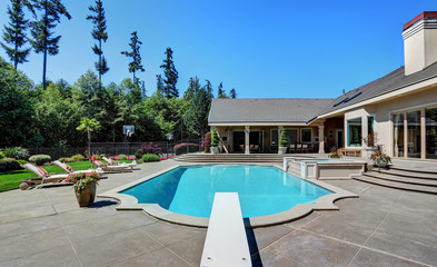 Great backyard with swimming pool .American Suburban luxury house