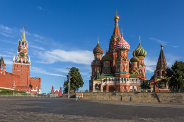 St. Basils cathedral and Spasskaya Tower on Red Square in Moscow, Russia