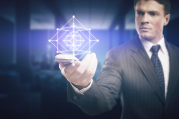 Man holding cellphone with digital model
