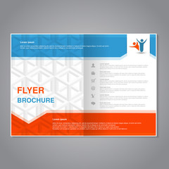 Obraz premium Vector modern brochure, abstract flyer with simple cube design. Layout template with arrow. Aspect Ratio for A4 size. Poster of blue, orange, grey and white color. Magazine cover.