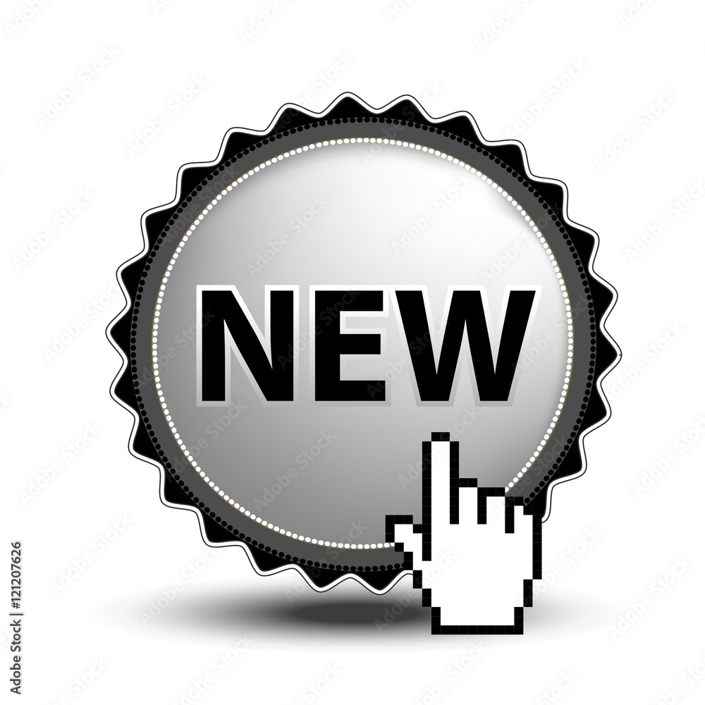 Poster vector button for website or app. button - new, circular chrome sign with cursor of hand