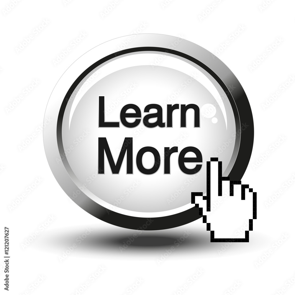 Poster vector button for website or app. button - learn more, circular chrome sign with cursor of hand