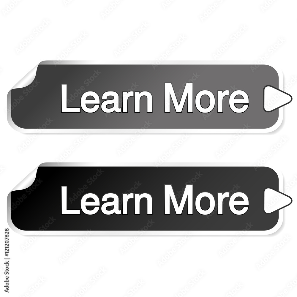 Poster vector buttons for website or app. button - learn more, rectangle grey and black stickers with arrow