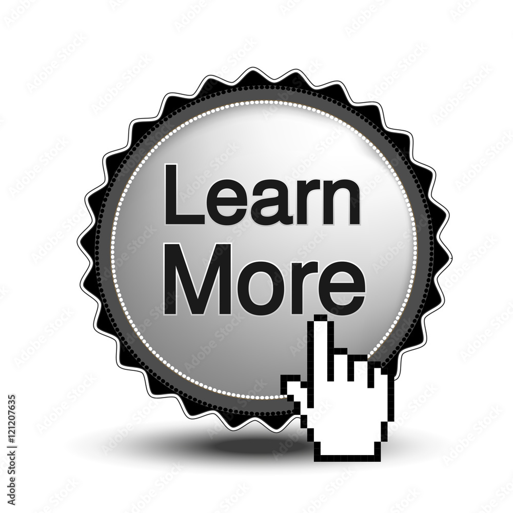 Poster vector button for website or app. button - learn more, circular chrome sign with cursor of hand