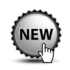 Vector button for website or app. Button - New, circular chrome sign with cursor of hand