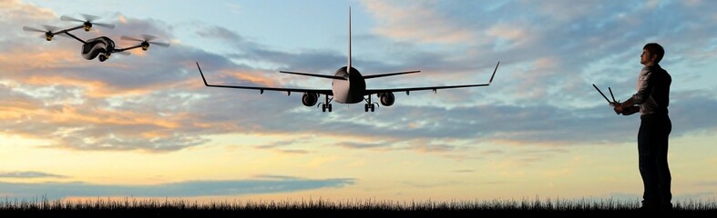 Man operating a flying drone quadrocopter UAV near commercial airplane