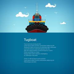 Front View of the Tugboat, Pushboats for Towage and Mooring of Other Courts , Poster Brochure Flyer Design, Vector Illustration - obrazy, fototapety, plakaty