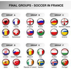 Vector European final groups, set flags of participants in year 2016. Soccer cup. Championship - football in France - group A, B, C, D, E, F, original design of glossy buttons