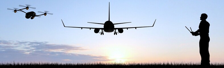 Man operating a flying drone quadrocopter UAV near commercial airplane