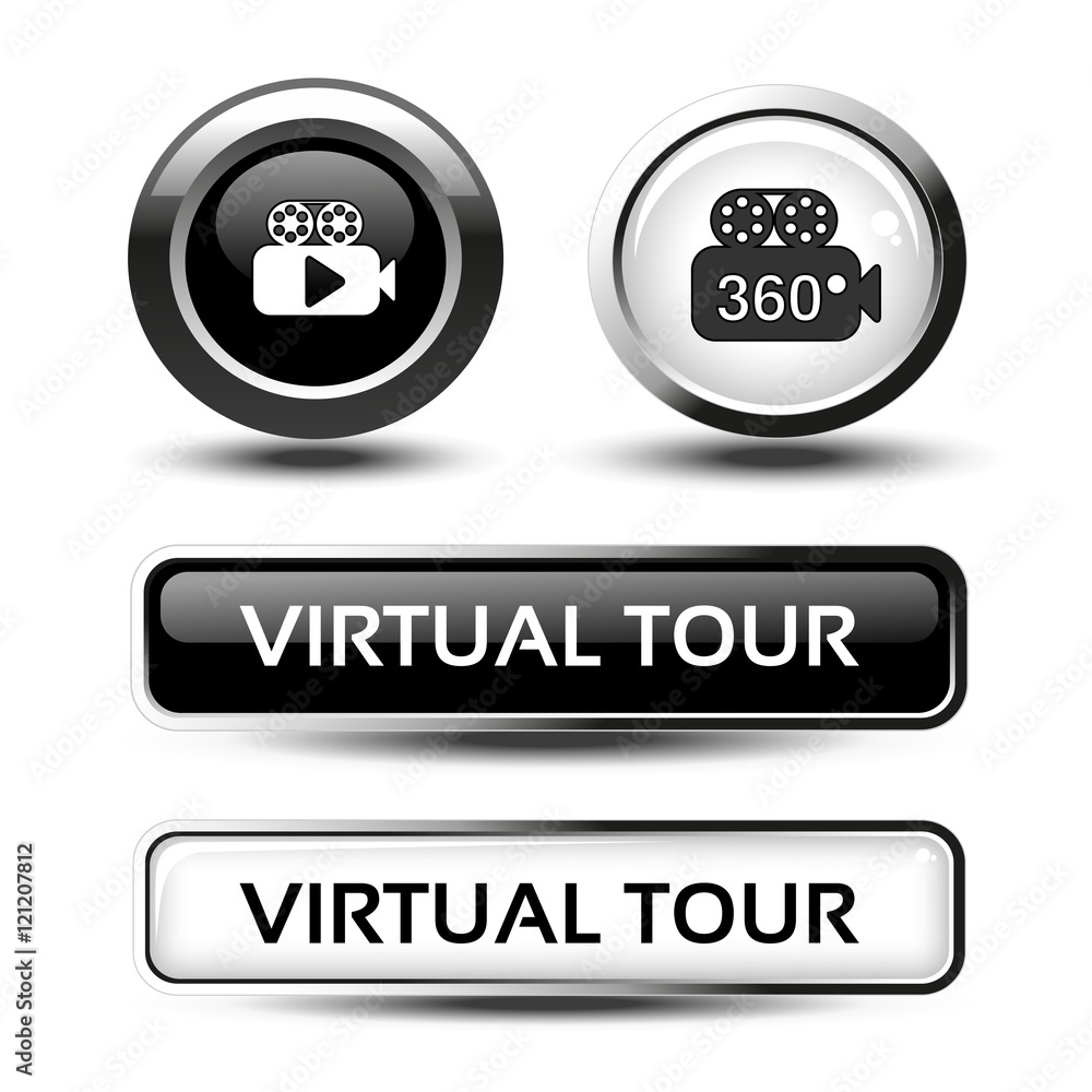Fototapete Vector buttons for virtual tour, black and white circular labels with camera and rectangle buttons, glossy design