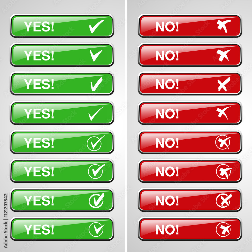 Poster vector green and red buttons for website - yes and no button with check mark symbols