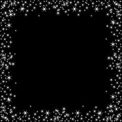 Vector square frame with white stars on the black background, sparkles golden symbols  - star glitter, stellar flare