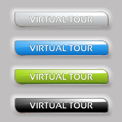 Vector color buttons for virtual tour, black, white, blue and green rectangle labels, glossy design