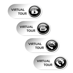 Vector buttons for virtual tour, black white oval labels with camera and arrows, stickers with glossy design