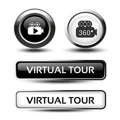 Vector buttons for virtual tour, black and white circular labels with camera and rectangle buttons, glossy design