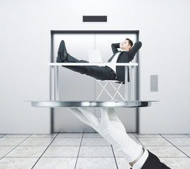 Relaxing man on elevator background