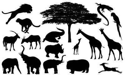african wildlife silhouette set - black and white vector design collection