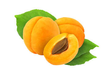 cut and whole apricot with leaf isolated on white background with clipping path