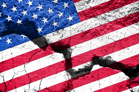 US divided concept, republicans democrats society polarization, american flag on cracked background, 2022 midterm election in America