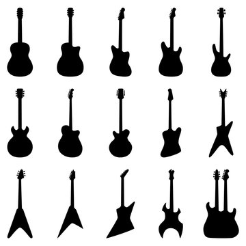 Set of silhouettes of acoustic guitars, electric guitars, vector illustration