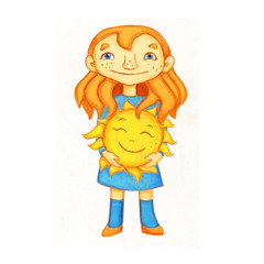 Bright illustration of cute redheaded girl with freckles in blue dress holding yellow sun