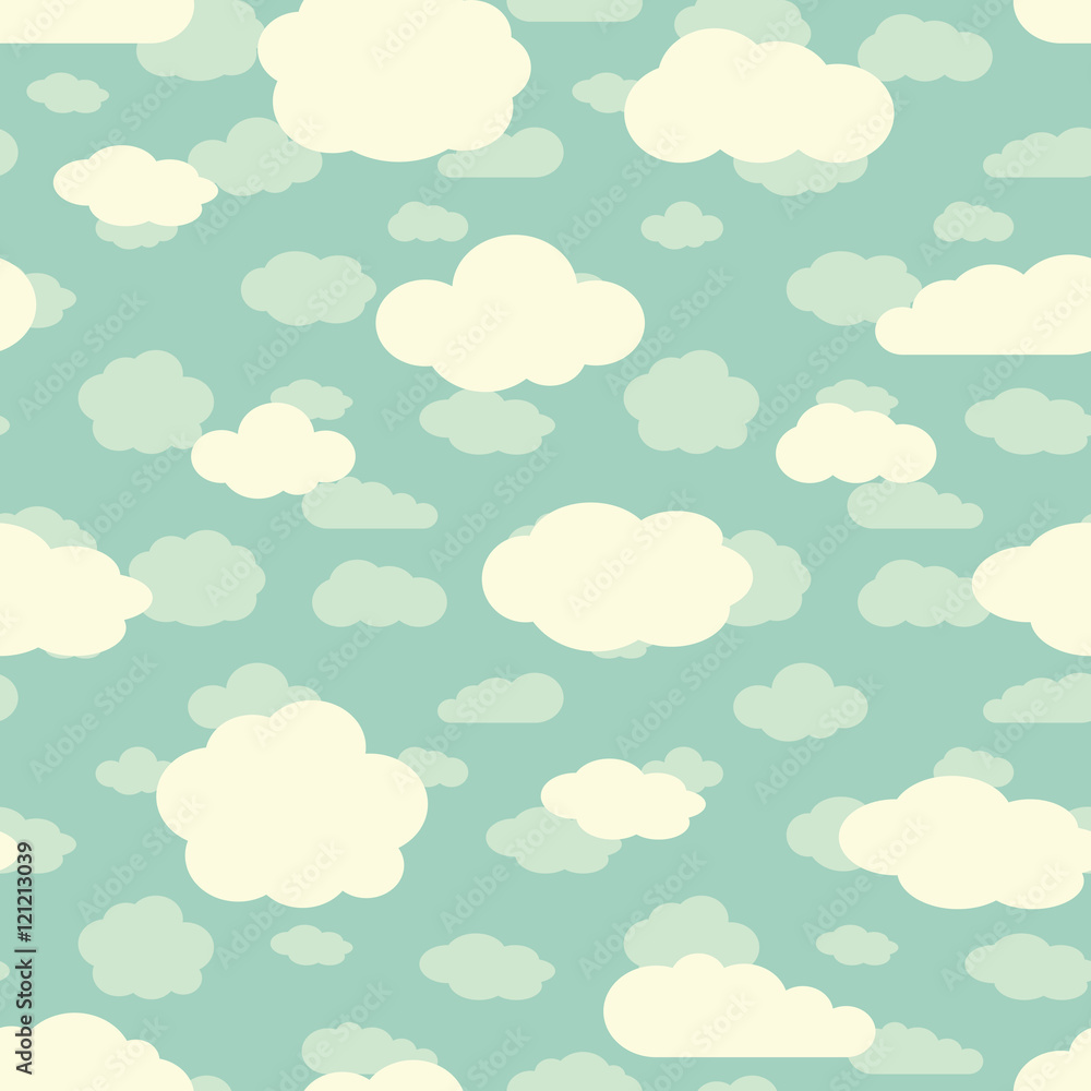 Wall mural blue sky and cute white clouds seamless pattern in retro colors