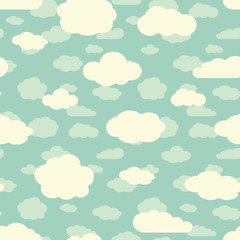 Fototapeta na wymiar Blue sky and cute white clouds seamless pattern in retro colors