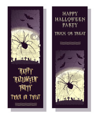 Set of flyer or ticket on Halloween holiday party Trick or Treat with scary spider, moon and monster bats on gradient background. Cartoon style. Vector illustration