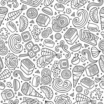 Cartoon cute hand drawn Japan food seamless pattern