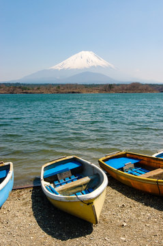 Fishing boats, Shoji Lake, Mount Fuji, Japan