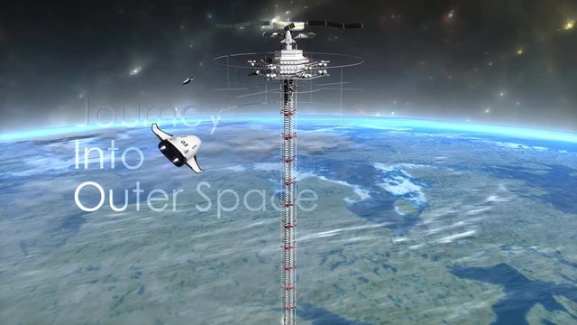 Computer generated, Space elevator with text overlay.	