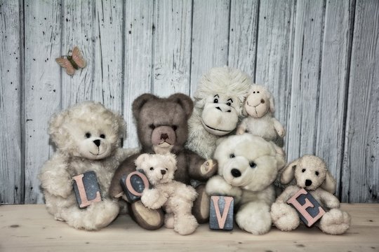 many white and brown teddy bears and soft toys with love word lettering wooden wall in front of white