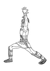 warrior standing symbol in warrior pose 1 yoga, hand drawn vector