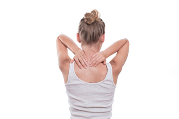 Obraz premium Woman with neck pain, isolated on white background