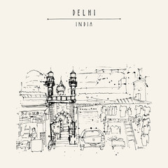 Mosque entrance. Old historic building in Main Bazar street, Paharganj, Delhi, India. Hand-drawn vintage touristic postcard