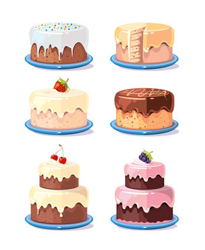 Cream cake tasty cakes vector set in cartoon style