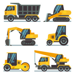 Obraz na płótnie Canvas Construction machines, heavy equipment, vehicles flat vector icons