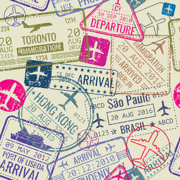 Vector seamless pattern with passport visa stamps