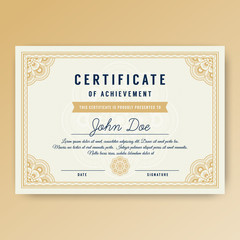 Elegant certificate of achievement with ornaments, A4 size with bleeds. Vector illustration