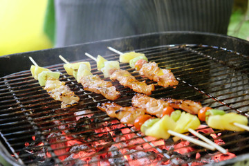 Grilled skewer on fire