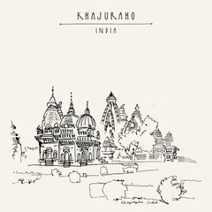 Obraz premium Ancient Hindu temples in Khajuraho, Madhya Pradesh, India. Vintage touristic hand drawn postcard