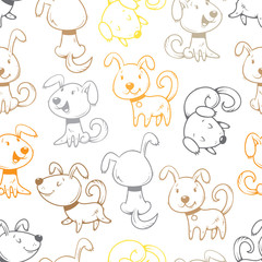 Seamless pattern with cute cartoon dogs on white  background. Little puppies. Funny animals. Vector contour colorful image. Children's illustration.