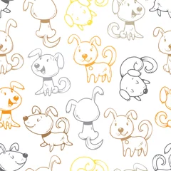 Tapeten Nahtloses Muster mit netten Karikaturhunden auf weißem Hintergrund. Kleine Welpen. Lustige Tiere. Buntes Bild der Vektorkontur. Kinderillustration. © voron4ihina