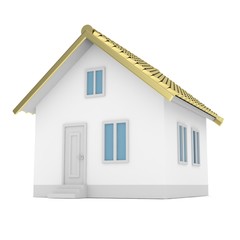 White simple house with golden roof on white background. Concept of investment in real estate and symbol of wealth, business and safety. New family house.  3D rendering.